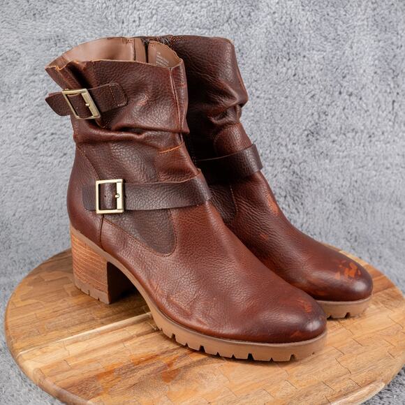 Korks Burgundy Brown Leather Ankle Buckle Heel Zip Up Boots Women's Size 11 M - Picture 1 of 9